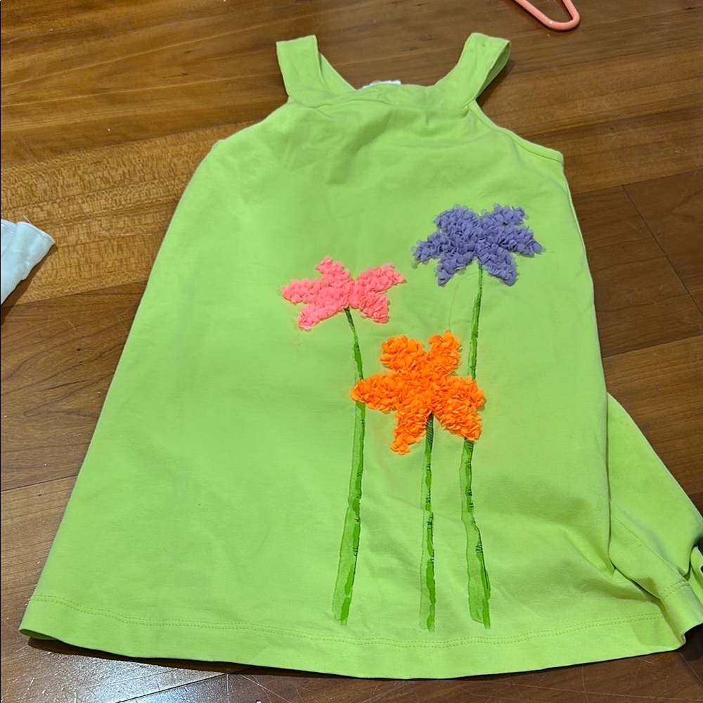 Mayoral Lime Green Tank Dress with Pink Orange Purple Flower Appliqués